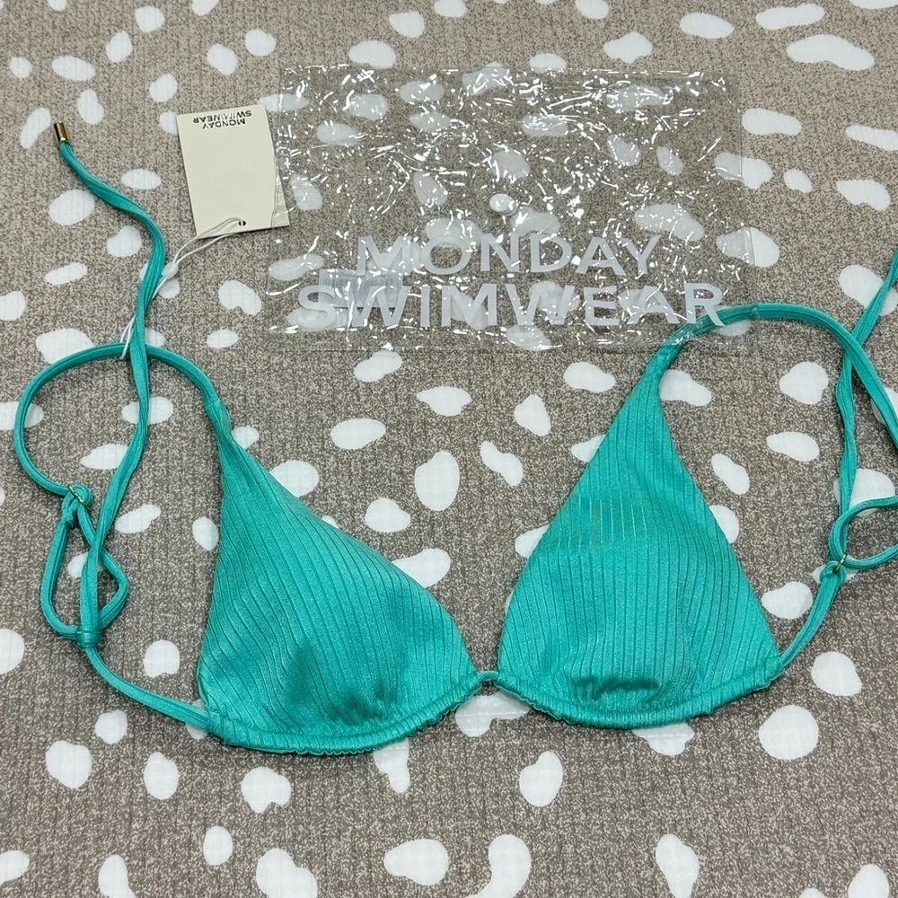 NWT Monday Swimwear bikini top Kauai turquoise wide rib open back triangle